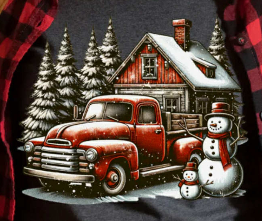 Snowman and red truck