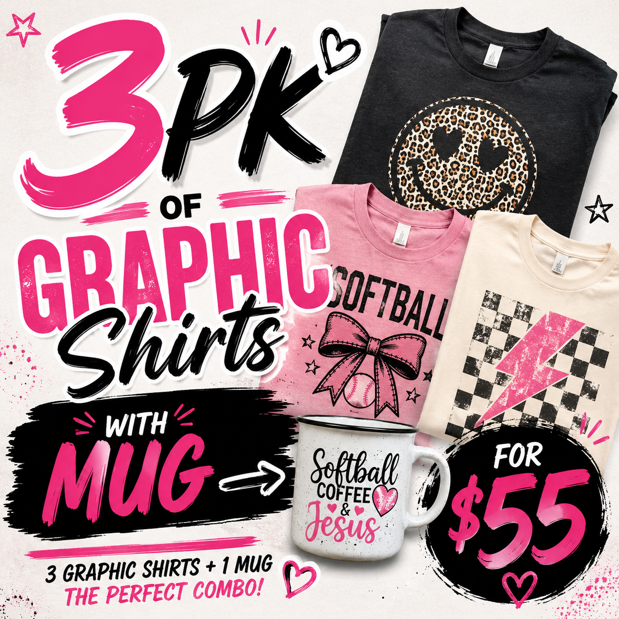3pk of graphic tee plus mug
